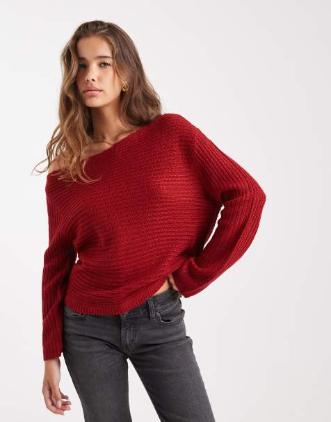 ASOS DESIGN knitted off the shoulder slouchy jumper in red
