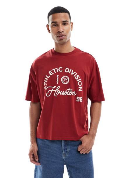 ASOS DESIGN – Czerwony T-shirt o pudełkowym kroju oversize ze sportową grafiką - view 1