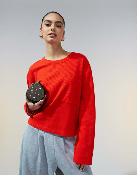 ASOS DESIGN – Czerwony T-shirt o waflowej teksturze z długim rękawem - view 1