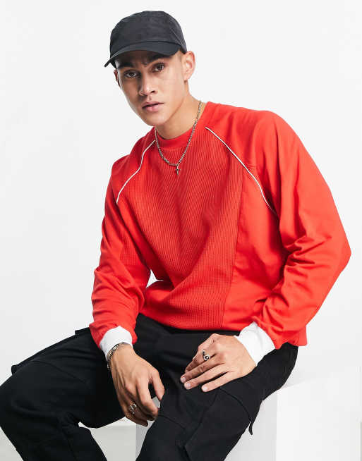 ASOS DESIGN – Czerwony T-shirt oversize o waflowej teksturze z długim rękawem i białymi lamówkami