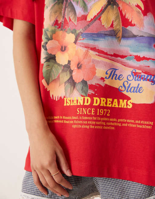 ASOS DESIGN – Czerwony T-shirt oversize z grafiką z napisem Hawaii, 3 z 4