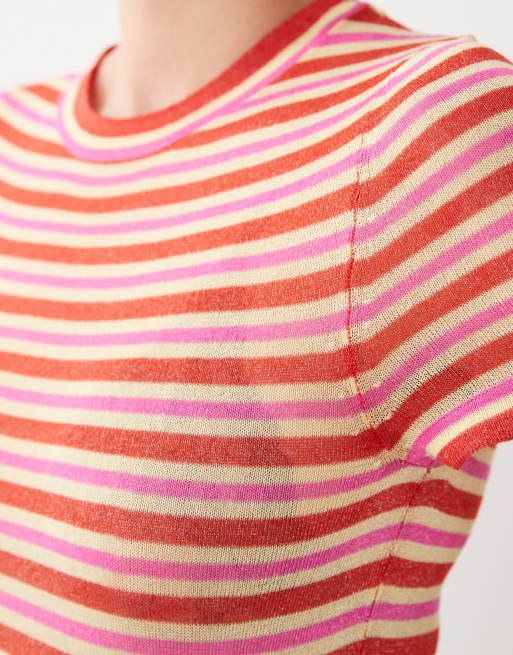 ASOS DESIGN – Czerwony T-shirt z prześwitującej dzianiny w paski, 3 z 4