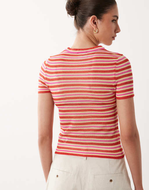 ASOS DESIGN – Czerwony T-shirt z prześwitującej dzianiny w paski, 4 z 4