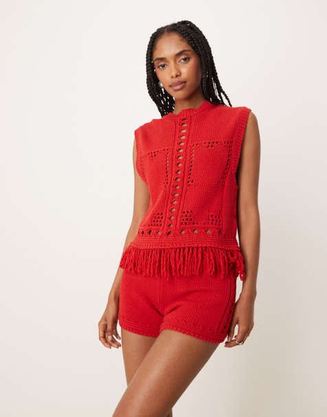 ASOS DESIGN fringe tank with open stitch detail co-ord in red