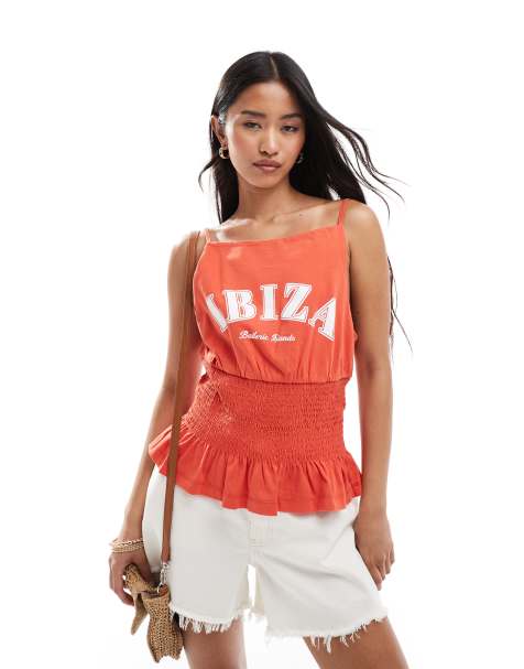 ASOS DESIGN shirred detail square neck cami with Ibiza graphic in red