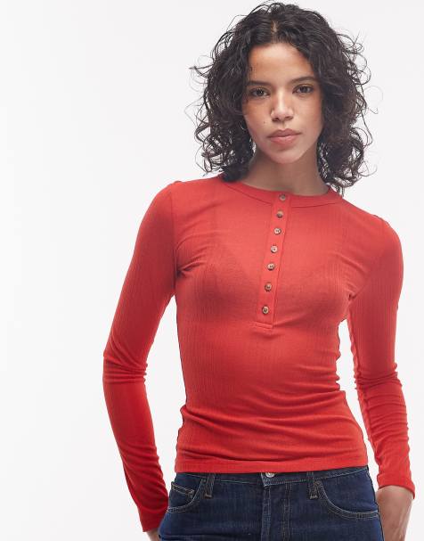 ASOS DESIGN – Czerwony top z długimi rękawami i zapięciem na guziki - view 1