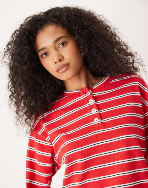 ASOS DESIGN – Czerwony top z kołnierzykiem henley o kroju oversize w paski, 2 z 4