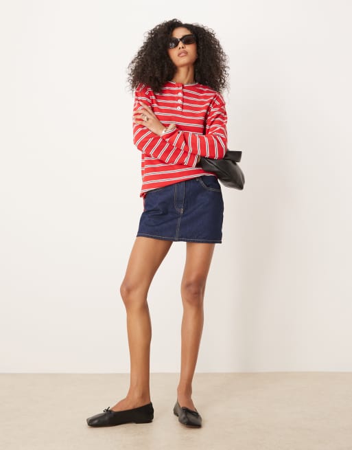 ASOS DESIGN – Czerwony top z kołnierzykiem henley o kroju oversize w paski, 3 z 4
