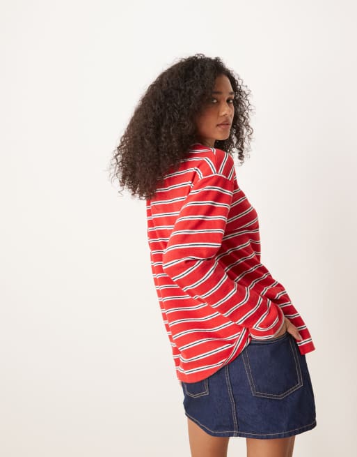 ASOS DESIGN – Czerwony top z kołnierzykiem henley o kroju oversize w paski, 4 z 4