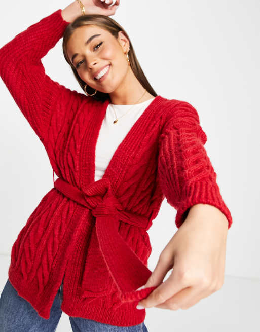 ASOS DESIGN – Czerwony wiązany kardigan o warkoczowym splocie