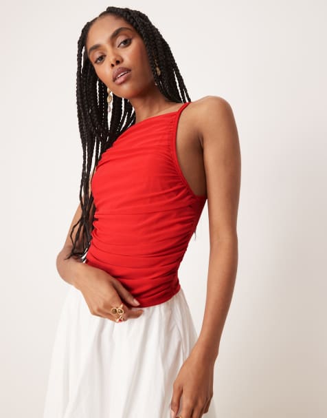 ASOS DESIGN gathered strappy mesh cami in red