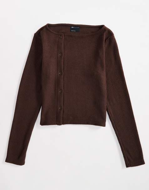 ASOS DESIGN – Czesany asymetryczny kardigan w brązowym kolorze - view 1