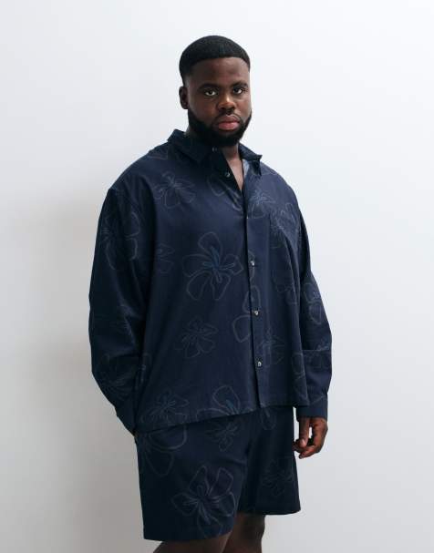 ASOS DESIGN część zestawu boxy oversize koszula w kwiaty z lnem granatowa - view 1