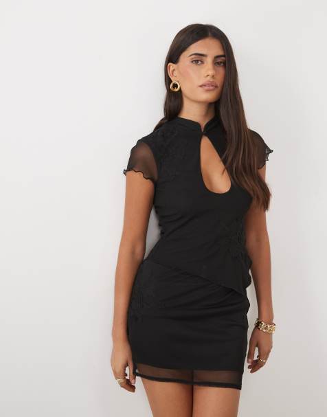 ASOS DESIGN część zestawu z siateczki z krótkim rękawem i stójką z koronkowym detalem w czerni - view 1