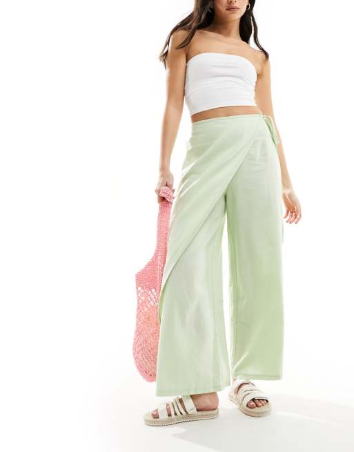 ASOS DESIGN - Dad broek met linnen en overslag in groen 
