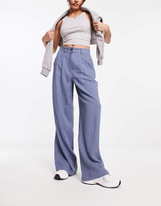 ASOS DESIGN - Dad broek van linnenmix met wijde pijpen in blauw 