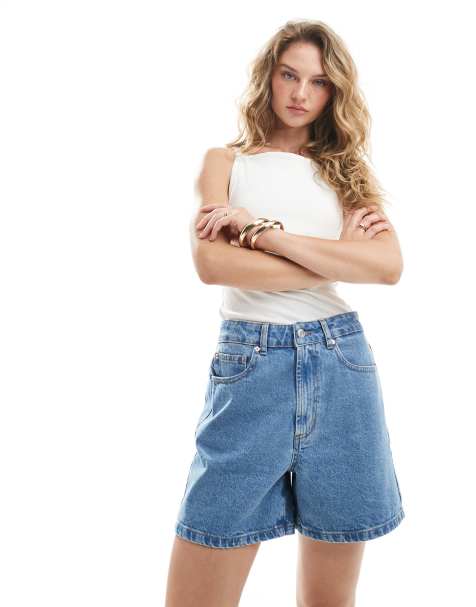 ASOS DESIGN dad denim short with cinch back in clean blue - view 1