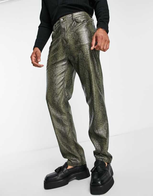 ASOS DESIGN dad fit jeans in khaki snake print leather look