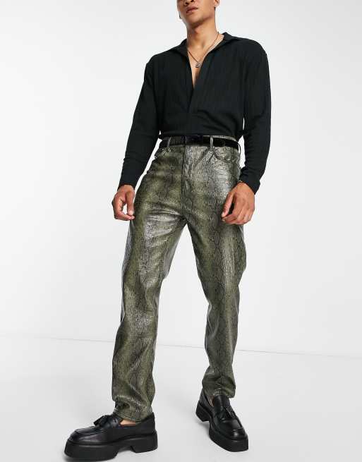 ASOS Design Dad Jean in Khaki Snake Print Leather look-Green