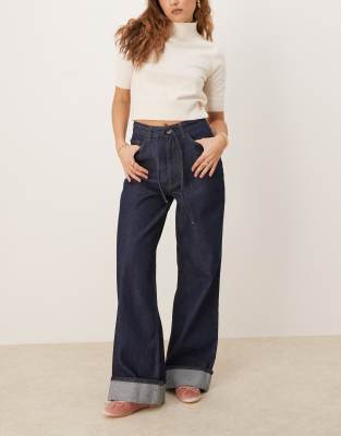 ASOS DESIGN dad jean with belt in indigo-Blue