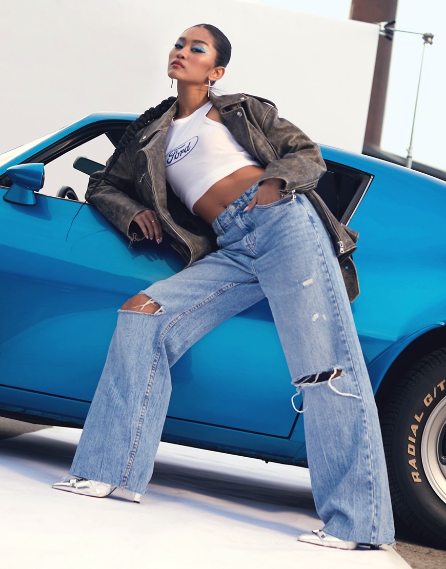 Asos Design Dad Jeans In Mid Blue With Rips