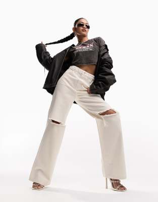 ASOS DESIGN DAD JEANS IN NEUTRAL WITH KNEE RIPS