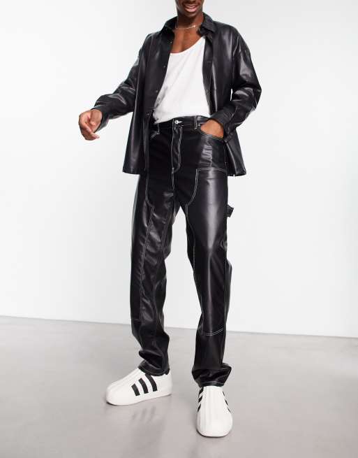 ASOS DESIGN - Dad jeans in pelle sintetica nera con cuciture a contrasto