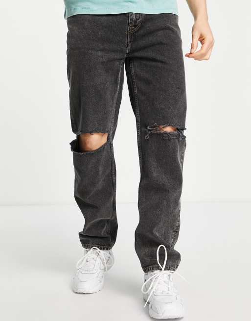 ASOS DESIGN dad jeans in washed black with knee rips | ASOS