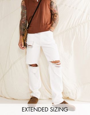 ASOS DESIGN dad jeans in white with heavy rips