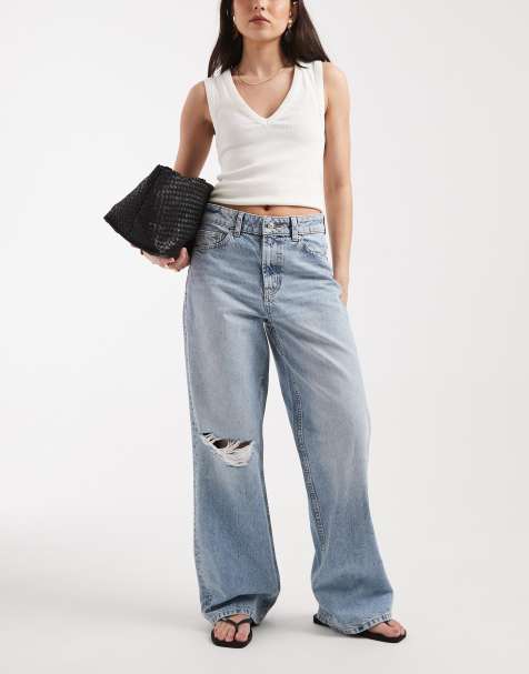 ASOS DESIGN - Dad-jeans med vide ben og sliddetaljer på knæene i lys vask - view 1