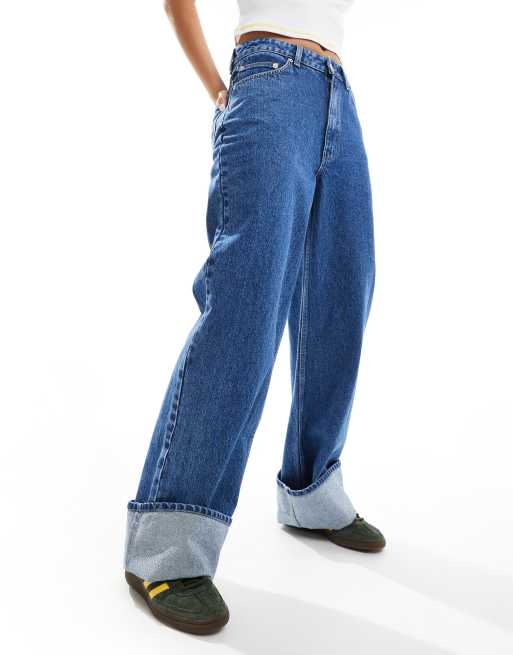 ASOS DESIGN - Dad jeans met omslag in middenblauw