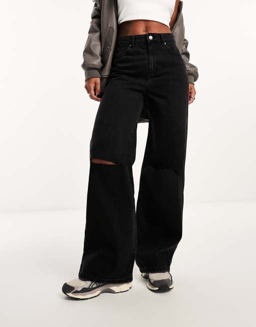ASOS DESIGN - Dad jeans met wijde pijpen en scheuren in zwart met wassing, 4 van 5
