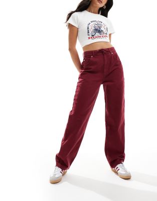 ASOS DESIGN dad jeans with self belt in burgundy-Red