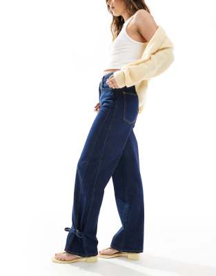 Asos Design Dad Jeans With Tie Up Hem In Navy