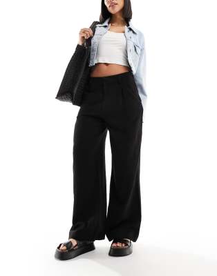 Asos Design Wide Leg Dad Pants With Linen In Black