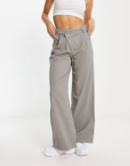 ASOS DESIGN dad pants with asymmetric waist in gray
