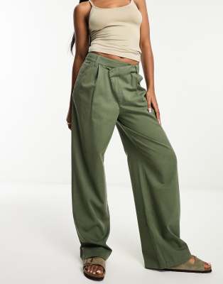 Asos Design Dad Pants With Asymmetric Waist In Khaki-green