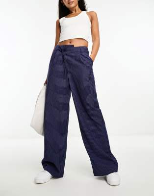 ASOS DESIGN dad pants with asymmetric waist in navy stripe 