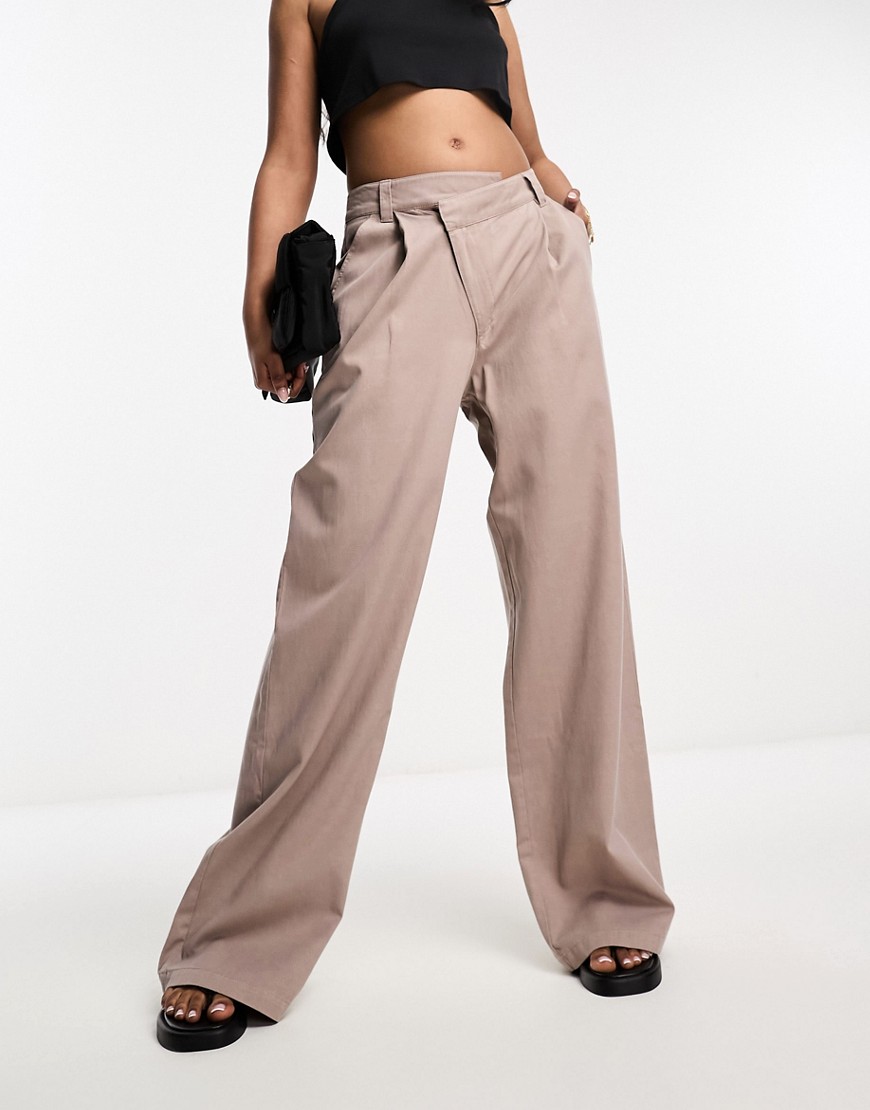 ASOS DESIGN dad pants with asymmetric waist in taupe-Brown