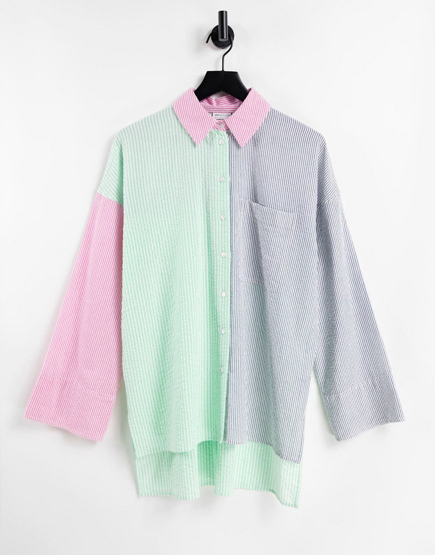 ASOS DESIGN dad shirt in mixed seersucker blue green and pink stripe-Multi