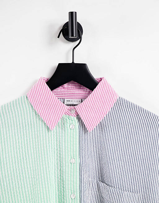 Women dad shirt in mixed seersucker blue green and pink stripe 