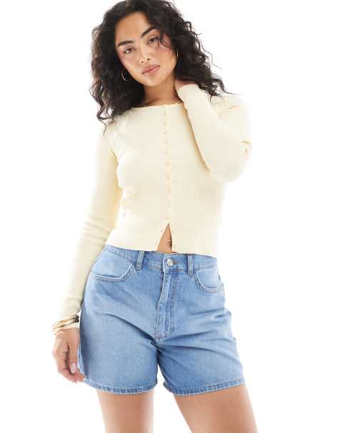ASOS DESIGN dad short with cinched waist in mid wash blue - view 1