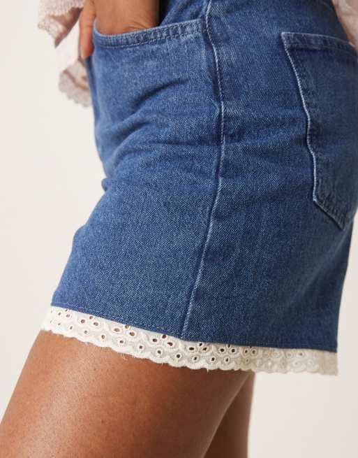 ASOS DESIGN dad shorts with broderie trim in mid blue - part of a set, 5 of 5