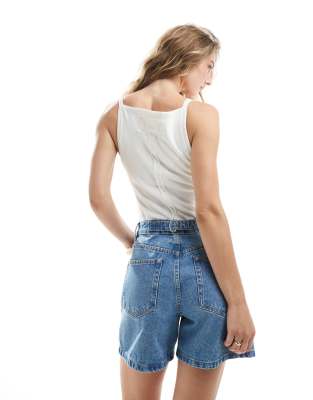 ASOS DESIGN dad shorts with cinch back in clean blue denim