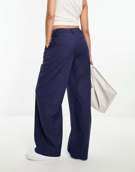 ASOS DESIGN dad trousers with asymmetric waist in navy stripe , 2 of 4