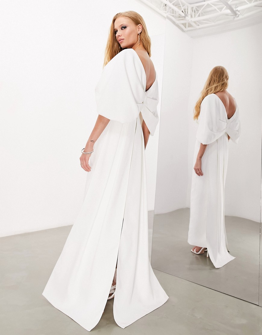 asos design dahlia crepe bow back maxi wedding dress in ivory - ivory-white