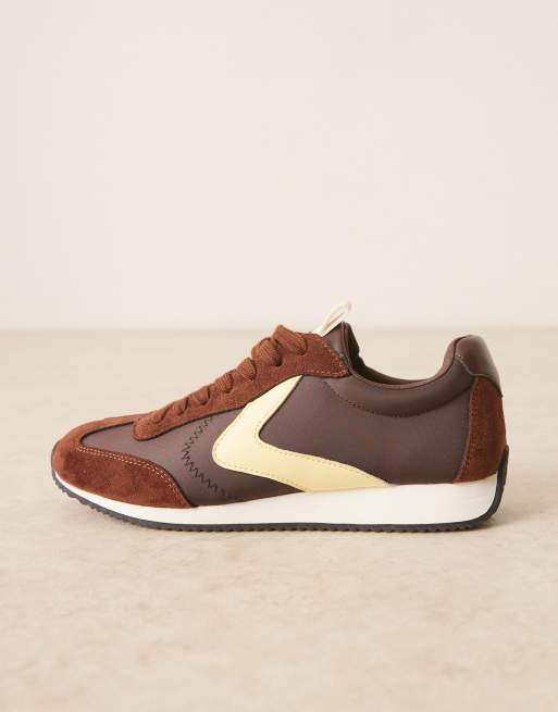 ASOS DESIGN Daily lace up runner sneakers in brown and yellow, 2 of 5