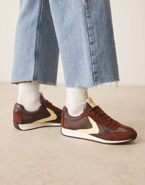 ASOS DESIGN Daily lace up runner trainers in brown and yellow - view 1