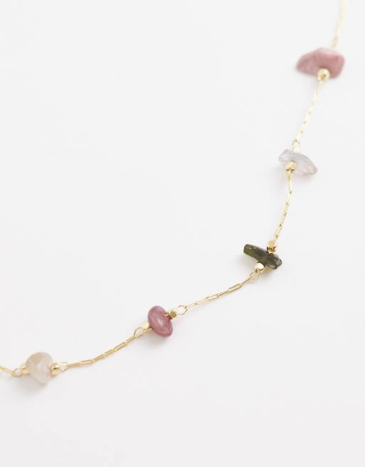 ASOS DESIGN dainty necklace with pink chipping detail in gold tone, 3 of 4