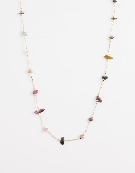ASOS DESIGN dainty necklace with pink chipping detail in gold tone - view 1